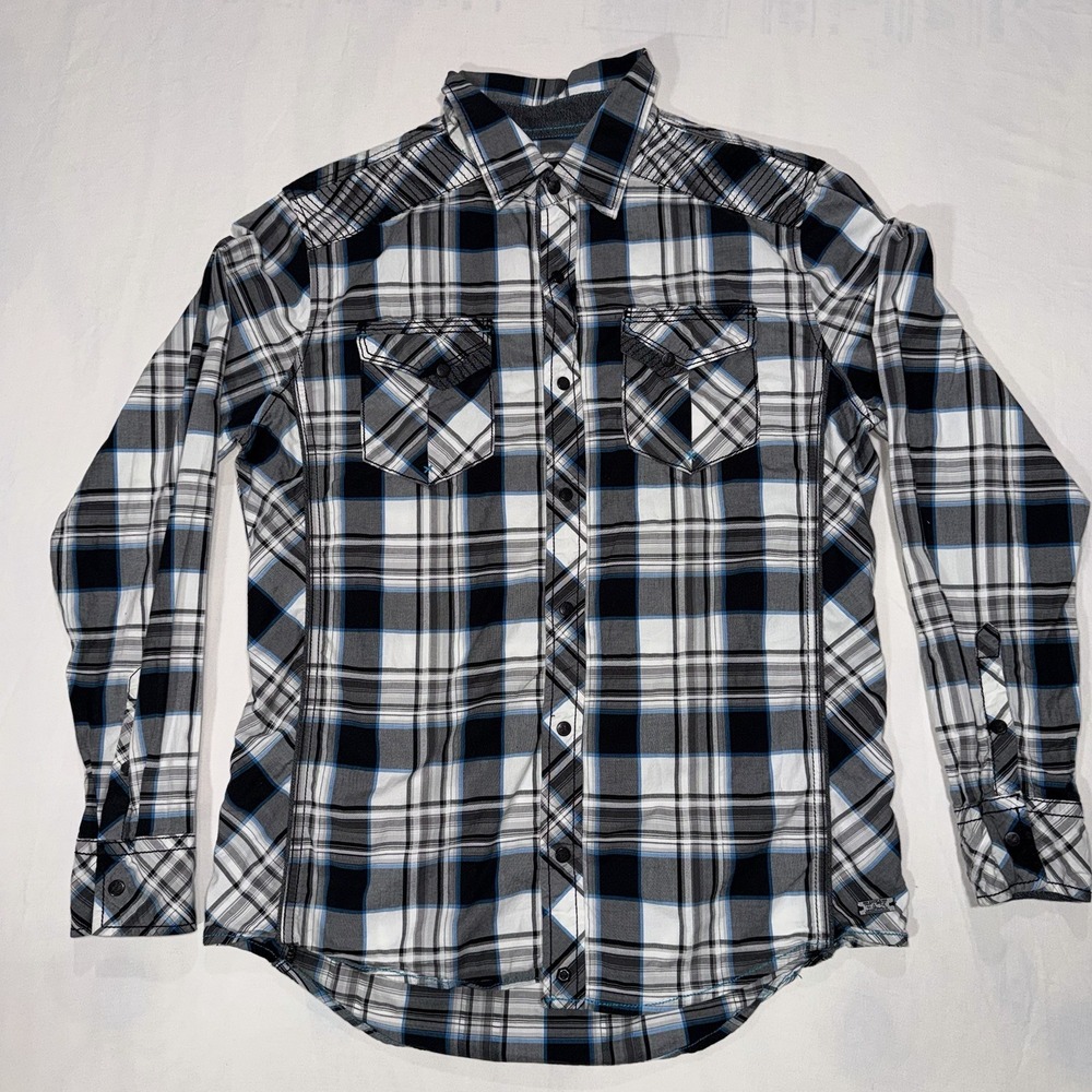 BKE Buckle Black Snap Button Shirt Men's Large Slim Fit Long Sleeve Plaid Blue